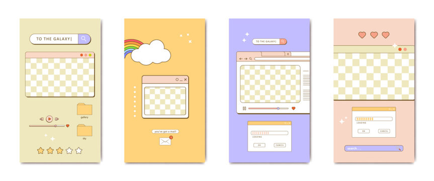 aesthetic 90s retro vaporwave post and story template. Social media stories and posts with old nostalgic computer aesthetic ui elements vector set