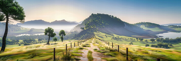 Wall Mural - Tranquil Mountain Meadow at Sunset, Natures Serenity Captured in Warm Light, A Landscape of Peaceful Beauty