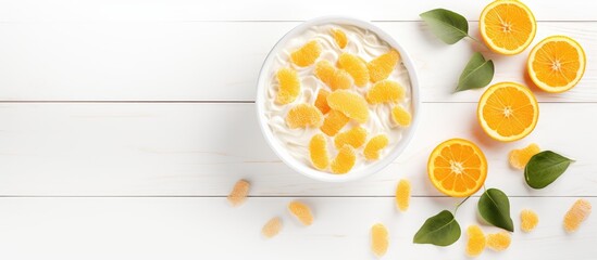 Wall Mural - A dish of yogurt topped with oranges and garnished with leaves, presented on a white wooden table