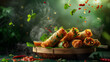 Delicious freshly made spring rolls in a bamboo basket accompanied by herbs and sweet chili sauce, steamy and appetizing