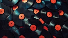 Large Pile Of Black And Orange Vinyl Records Overlapping In Circles Against A Backdrop, Background, Wallpaper