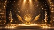 Podium with a backdrop of golden light bulbs. Rays and flames adorning the golden light award stage