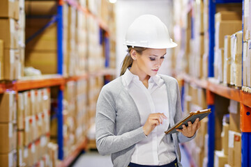 Poster - Tablet, inspector or woman in warehouse for safety, shipping delivery, product or stock in factory by shelf. Printing logistics, inspection or boxes for package or cargo for online order on website
