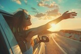 Fototapeta  - carefree woman sitting in front seat of car, stretching her arm out window and catching glare of setting suset woman travels by car catches wind with her hand from car window.,ai generate