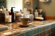 tea cup resting on a tiled bathroom counter with toiletries around