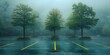 A solitary car in an empty parking lot with green trees and dividing lines. Concept Automobile, Parking Lot, Solitude, Green Trees, Dividing Lines