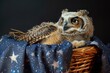 owlet in wicker basket with nightthemed blue cloth