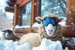 sheep with ski goggles by a snowy cabin window