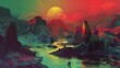 Chinese aurora punk traditional landscape painting illustration abstract background decorative painting