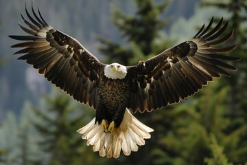 Wall Mural - eagle with wings spread wide, midflight, above alpine tree line