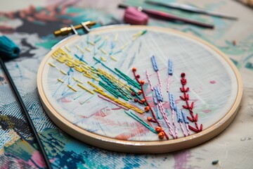 beginners embroidery hoop with simple stitches on canvas