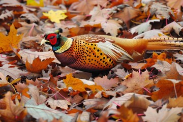 Wall Mural - golden pheasant among autumn leaves