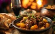 Close-up of a savory beef stew with potatoes, garnished with fresh herbs, ready to be served.