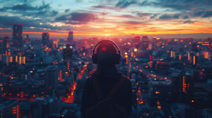 A young woman in silhouette listens to music on headphones against the backdrop of a vibrant city sunset, with bokeh lights sparkling around.