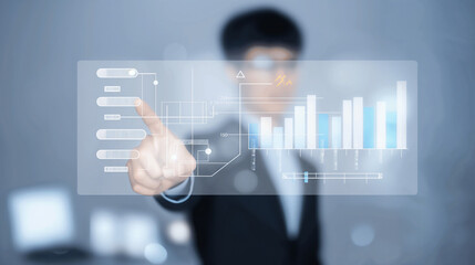 Poster - blurred asia business man pointing to graphic chart. generative ai illustration.
