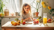 © Kufotos - A little girl eats fruit in the kitchen at the table in the morning sunlight. Healthy nutrition concept for children. Cozy homely atmosphere. Generated AI
