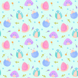 Fototapeta Dziecięca - Easter eggs Seamless pattern, easter snails pattern, watercolor style, spring pattern with flowers and snails,  flowers and branches, Cornflowers, spring print for textiles, mint, blue background 