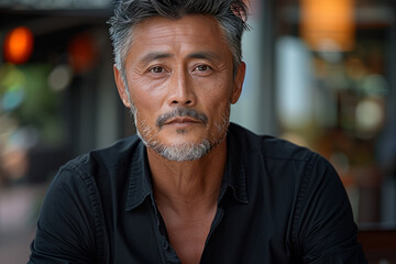 Wall Mural - A chinese man with a beard and gray hair is wearing a black shirt. A chinese man, 40 years young, dark hair, black eyes with gray streaks of hair. Dressed in a black shirt and jeans