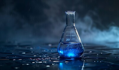 Poster - Blue Chemical Experiment, Glass Flask with Formula on Dark Background