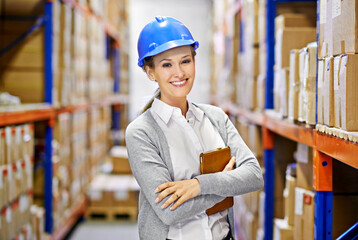 Poster - Tablet, portrait or woman in warehouse for storage, shipping delivery, product or stock in factory by shelf. Packaging, logistics, boxes or inspection on package or cargo for online order on website