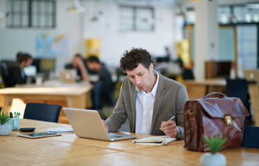 Aufkleber - laptop, employee and man writing on notebook for sales in startup, business and corporate company. w