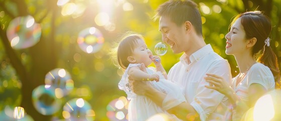 The Asian family enjoying the green garden, playing together and blowing bubbles. Enjoying the warm fall weather in nature.