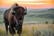 bison standing in grassland, sunset hues above