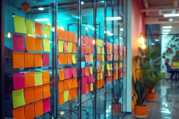 Poster - Innovative Brainstorming with Colorful Sticky Notes. Vibrant array of colorful sticky notes on a glass wall in a modern office setting for brainstorming and project planning.