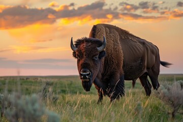 Wall Mural - bison standing in grassland, sunset hues above