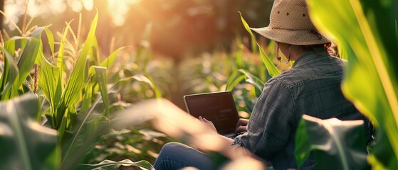 Poster - Agronomist on farm. Woman working in corn field with laptop. Modern digital technology. Agronomist on farm. Worker on farm. Agriculture concept. Female farmer working with computer.