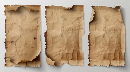 Poster - Isolated ragged pieces of craft paper, brown cardboard sheets with uneven edges. Ragged old banners or cards isolated on transparent background. Realistic 3D modern illustration.