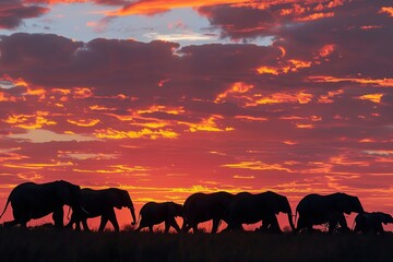 Wall Mural - elephant herd walking with a fiery sunset backdrop