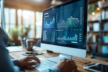 Poster - Businessperson Working on Financial Analysis Software. Businessperson engages with financial analysis software on a computer, illustrating detailed market trends and data.