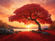 Experience the enchantment of a romantic sunset setting adorned with a scarlet heart tree and autumn foliage design.