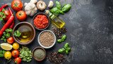 Fototapeta Mapy - A variety of vegetables and spices are displayed on a countertop. Concept of abundance and variety, as there are many different types of vegetables and spices, including tomatoes, basil, garlic