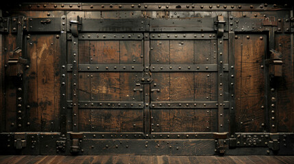 A wooden door with metal hinges and a metal lock. The door is old and has a rustic appearance