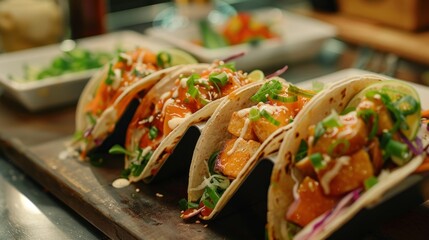 Wall Mural - Row of Tacos on Wooden Tray