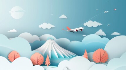 Aufkleber - An illustration of a landscape and a business concept with a plane flying in the sky with a cloud and mountain in the background. This is made with paper art and digital craft techniques.
