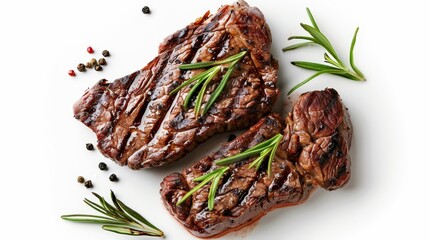 Poster - Beef steak grilled on a white background, viewed from the top.