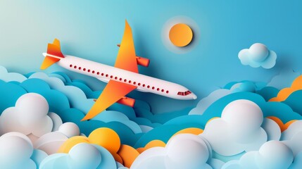 Aufkleber - Paper art and handicraft illustration of an airplane over a cloud.