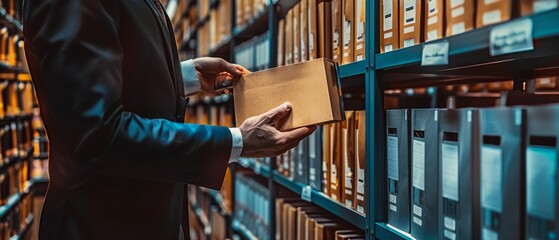 Poster - An office worker takes a picture of an archived folder: database, administration, and file management concepts