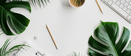 Aufkleber - White background with flat lay, top view office desk. Workspace with clip board, keyboard, office supplies, pencil, leaf, and coffee cup.
