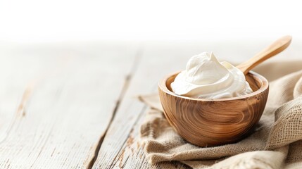 Poster - Yogurt or sour cream in a wooden bowl