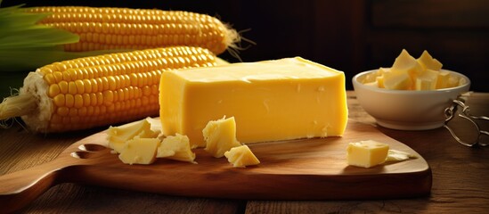 Wall Mural - A block of butter is displayed on a cutting board alongside fresh corn on the cob, a staple food ingredient often used in cuisine like corn dishes and cheese