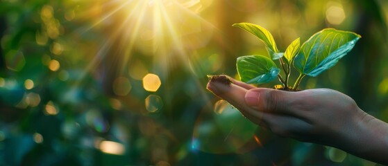 Aufkleber - Hand holding young plant on blurred green background with sunlight. Concept eco earth day.