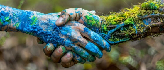 Poster - Greetings from a human hand to nature, earth day, symbiotic relationship between humans and nature, environment and ecology.