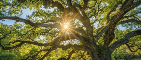 Poster - As the sun shines through the crooked branches of a majestic green tree, it casts a brilliant reflection