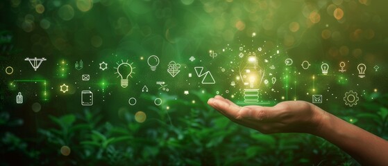 Poster - Over a green background, technology and environment icons are hand-held in front of a network connection...