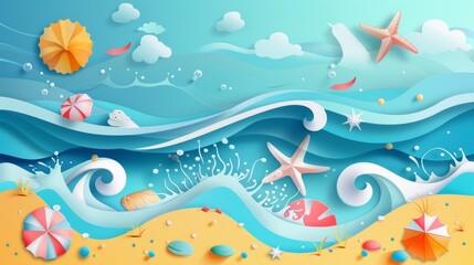 Poster - The abstract paper art depicts a seascape in summer with sea water splashing on the beach and beach equipment. Seascape. Summer time. Paper cut and craft style. Vector, illustration.