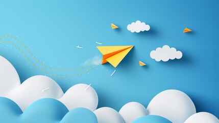 Aufkleber - Yellow origami paper plane dash line track with loop in the sky. Back to school text in white cloud. Blue background. Modern image.